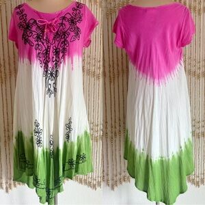 Embellished Embroidered Lace Up Short Sleeve Beachcore Fairy Green Pink Dress